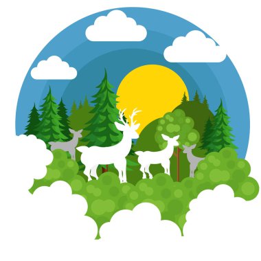 Geyik kağıt kesiği tarzında. Geyikli vektör manzarası.