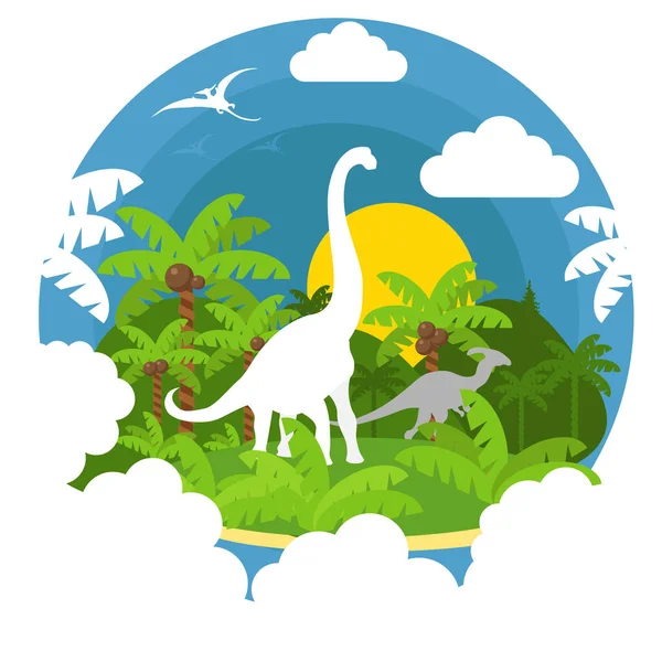 Dinossauros Estilo Corte Papel Paisagem Vetorial Com Dinossauros —  Vetores de Stock