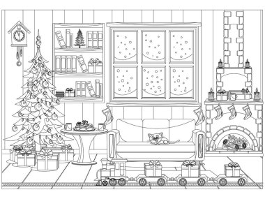 Çocuklar ve yetişkinler için yeni yıl ve Noel kutlaması için vektör odası şeklinde boyama kitabı.