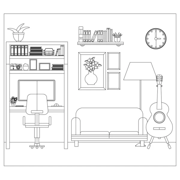 Séjour Avec Canapé Armoire Livres Livre Coloriage Illustration Vectorielle — Image vectorielle