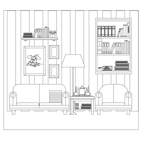 Living Room Sofa Wardrobe Books Vector Illustration Coloring Book — Stock Vector