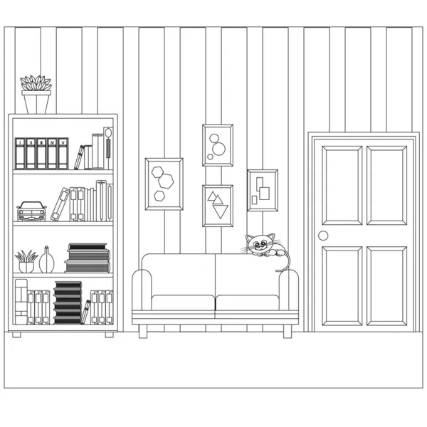 Séjour Avec Canapé Armoire Livres Livre Coloriage Illustration Vectorielle — Image vectorielle