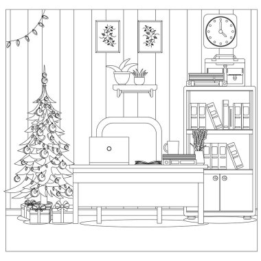 Yeni yıl ve Noel ağacı ve hediyelerle süslenmiş rahat ofis boyama kitabı..