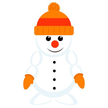 Örgü şapkalı ve eldivenli komik kardan adam. İzole edilmiş beyaz arkaplanda vektör illüstrasyonu.