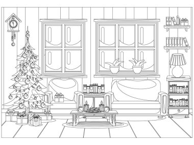 Çocuklar ve yetişkinler için yeni yıl ve Noel kutlaması için vektör odası şeklinde boyama kitabı.