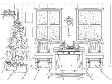 Çocuklar ve yetişkinler için yeni yıl ve Noel kutlaması için vektör odası şeklinde boyama kitabı.