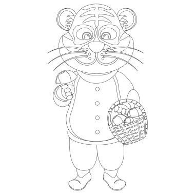 Tiger mantar topluyor. 2022 kaplan boyama kitabının bir çizgi film sembolünün vektör çizimi.