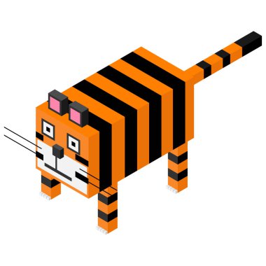 Nazik ve komik bir kaplan izometrisi. Beyaz arkaplanda vektör illüstrasyonu.