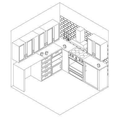 İzometride vektör mutfak boyama kitabı. İç mekan teması üzerine bir illüstrasyon.
