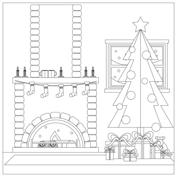 Salle Cheminée Noël Livre Coloriage Intérieur Style Plat Dessin Animé — Image vectorielle