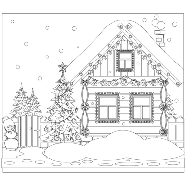 Милий Будинок Взимку Напередодні Різдва Нового Року Векторна Розмальовка Книга — стоковий вектор