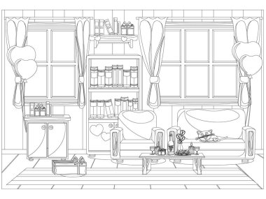 Odanın içini gösteren vektör çizimi Sevgililer Günü kutlaması için hazırlandı. Boyama kitabı.
