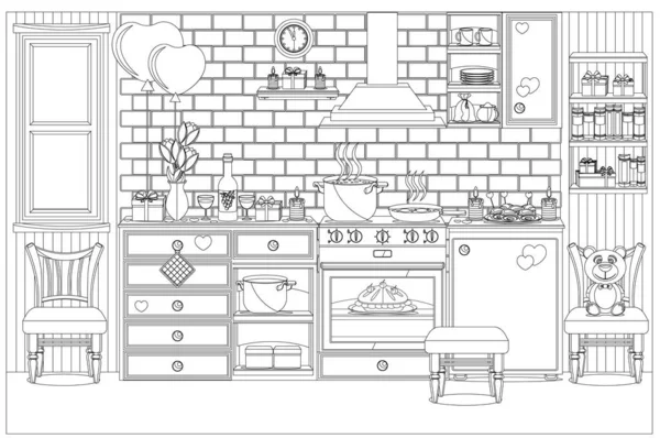 Cuisine Préparée Pour Célébration Saint Valentin Livre Coloriage Illustration Vectorielle — Image vectorielle