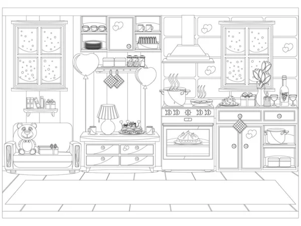 Cozinha Preparada Para Celebração Dia Dos Namorados Livro Colorir Ilustração — Vetor de Stock