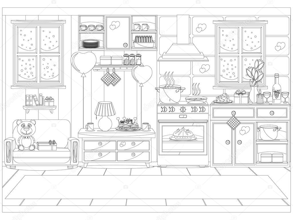 Kitchen prepared for the celebration of Valentine's day. Vector illustration coloring book.