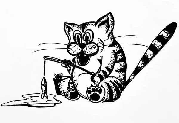 Drawing Sketch Cat Catching Fish Black White Illustration — Stockfoto