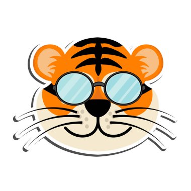 Kaplan gözlüklü çıkartma vektörü. Beyaz arkaplanda hayvan temalı illüstrasyon.