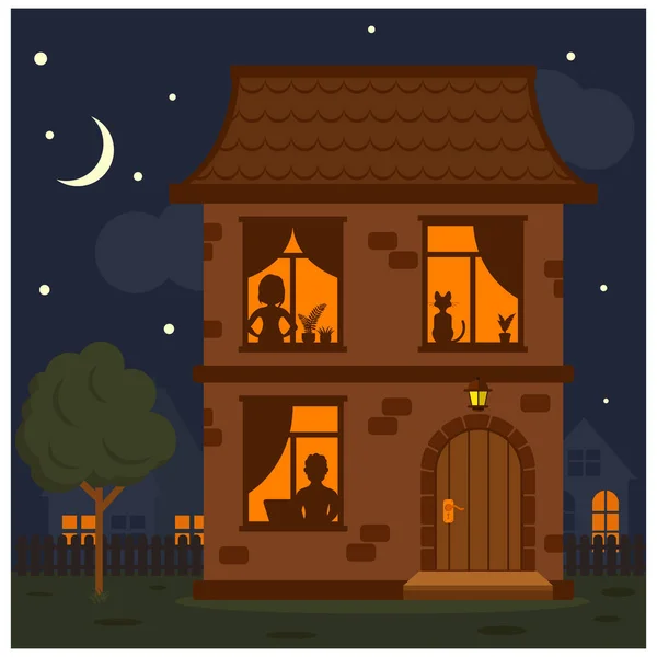 Une Maison Nuit Avec Des Silhouettes Dans Les Fenêtres Illustration — Image vectorielle