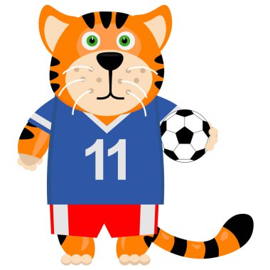 Komik kaplan yavrusu futbolcusu. Bir futbol temasında vektör illüstrasyonu.