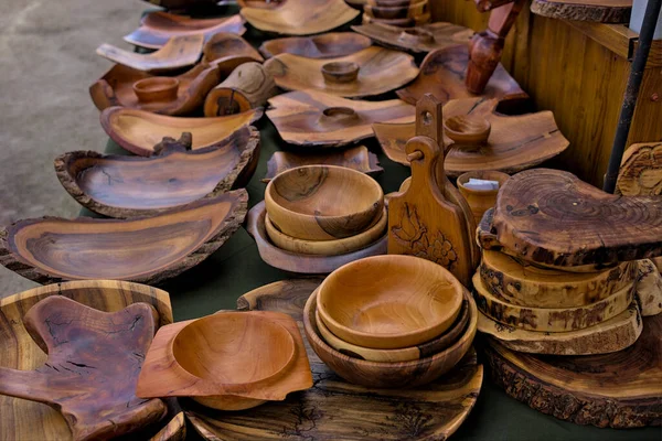 Open Air Folk Art Fair Handicrafts Made Wood Set Dishes — Stock Photo, Image
