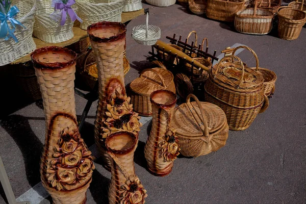 Sale Various Wicker Products Peasant Fair City Street Many Wicker — Stock Photo, Image