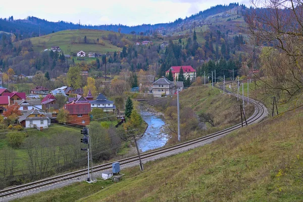 Magnificent Panorama Picturesque Mountain Village Autumn Autumn Mountain Landscape Ukrainian — Stock Photo, Image