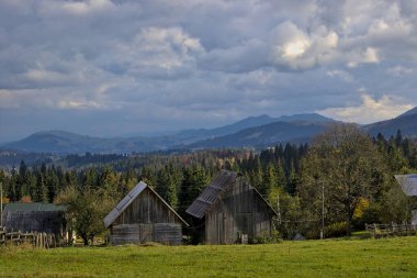 Bir dağ vadisinde küçük bir köy. Güneş ışınları gök gürültülü bulutların arasından yol alır. Ukrayna Karpatları 'nda sonbahar manzarası. Sarı ve kırmızı ağaçlar yeşil iğnelerle birleşmiş..