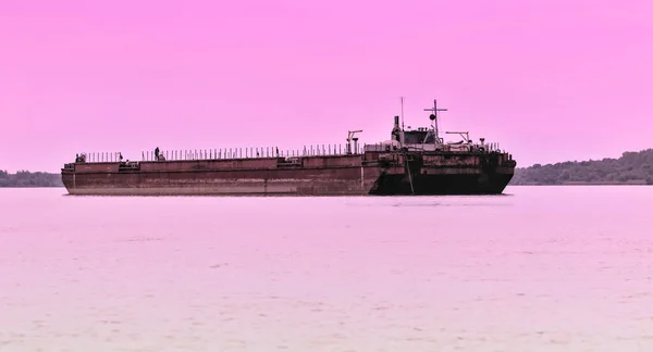 Large Cargo Ship Anchored Danube Delta Cargo Ship Barge Cruising — Stock Photo, Image