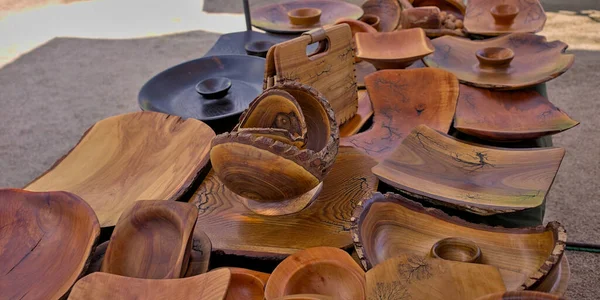 Open Air Folk Art Fair Handicrafts Made Wood Set Dishes — Stock Photo, Image