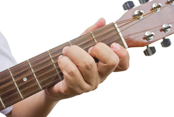 Kytarista ukazují f akord na kytaru izolovaných na bílém b — Stock fotografie