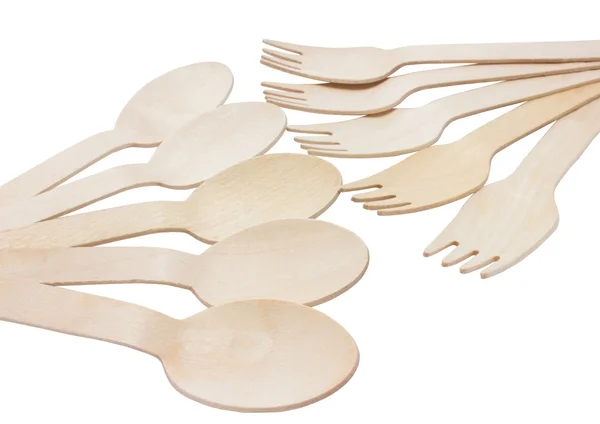 Abanico de cucharas y tenedores de madera aislados sobre fondo blanco . — Foto de Stock