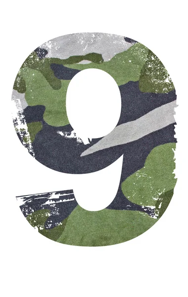 9, nummer uit militaire stof textuur op witte achtergrond. — Stockfoto