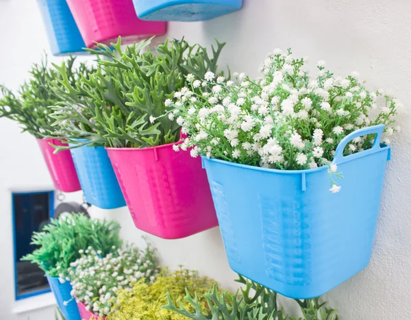 Fiori di plastica con vaso di plastica colorato appendere in fila sul wa — Foto Stock