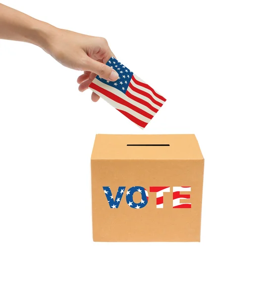 Hand putting a voting bollot into the box isolated on white back — Stock Photo, Image