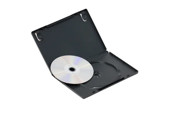 Il caso di DVD nero aperto con disco isolato su bianco . — Foto Stock