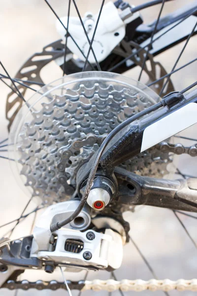 Cassete de bicicleta de montanha traseira na roda com corrente . — Fotografia de Stock