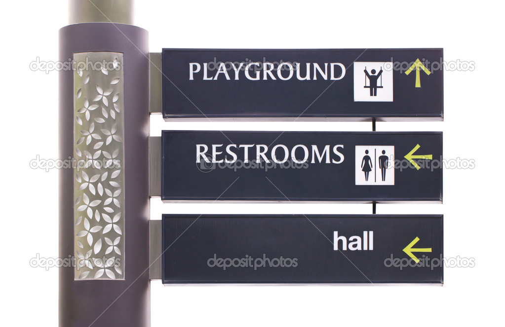 Signs of playground, toilet and hall
