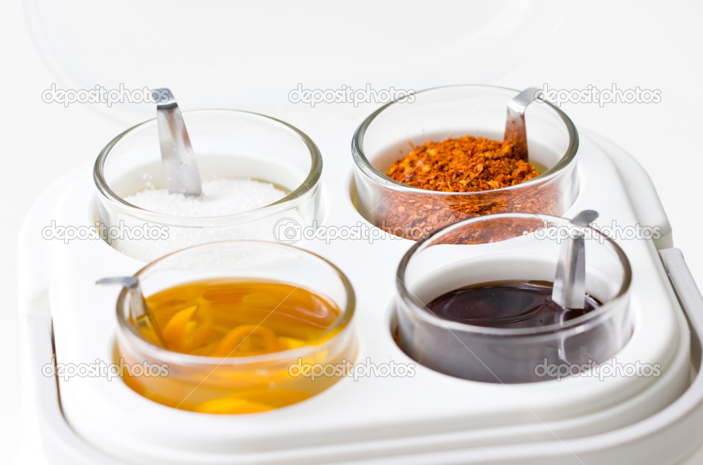 Thai seasoning container include cayenne pepper, sugar, fish sau