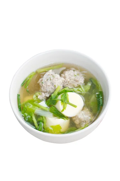 Clear soup with egg tofu, minced pork — Stock Photo, Image