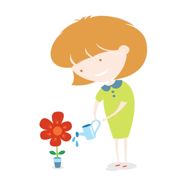 Girl Watering The Flower — Stock Vector