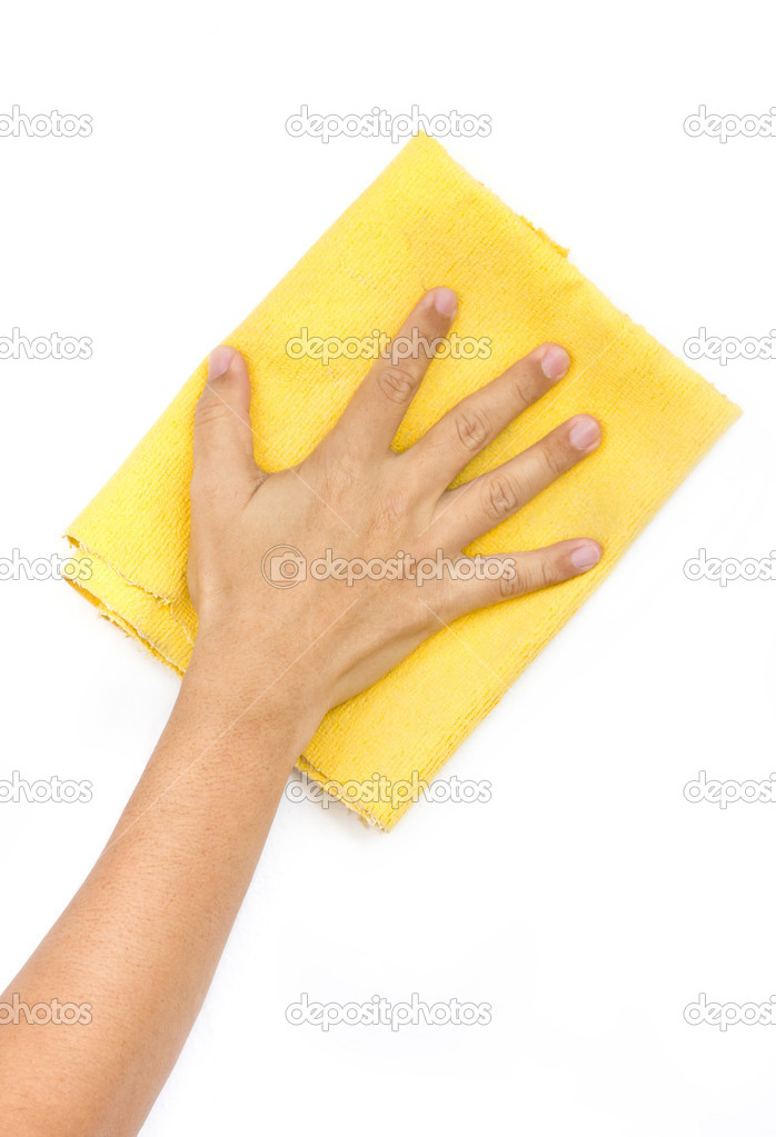 Man's Hand Wiping Surface Isolated on White.