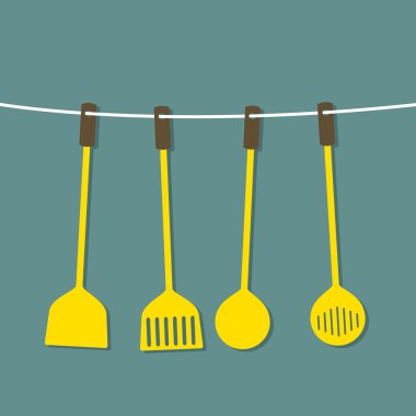 Düz tasarım kümesi kaplar asılı bir ip üzerinde 