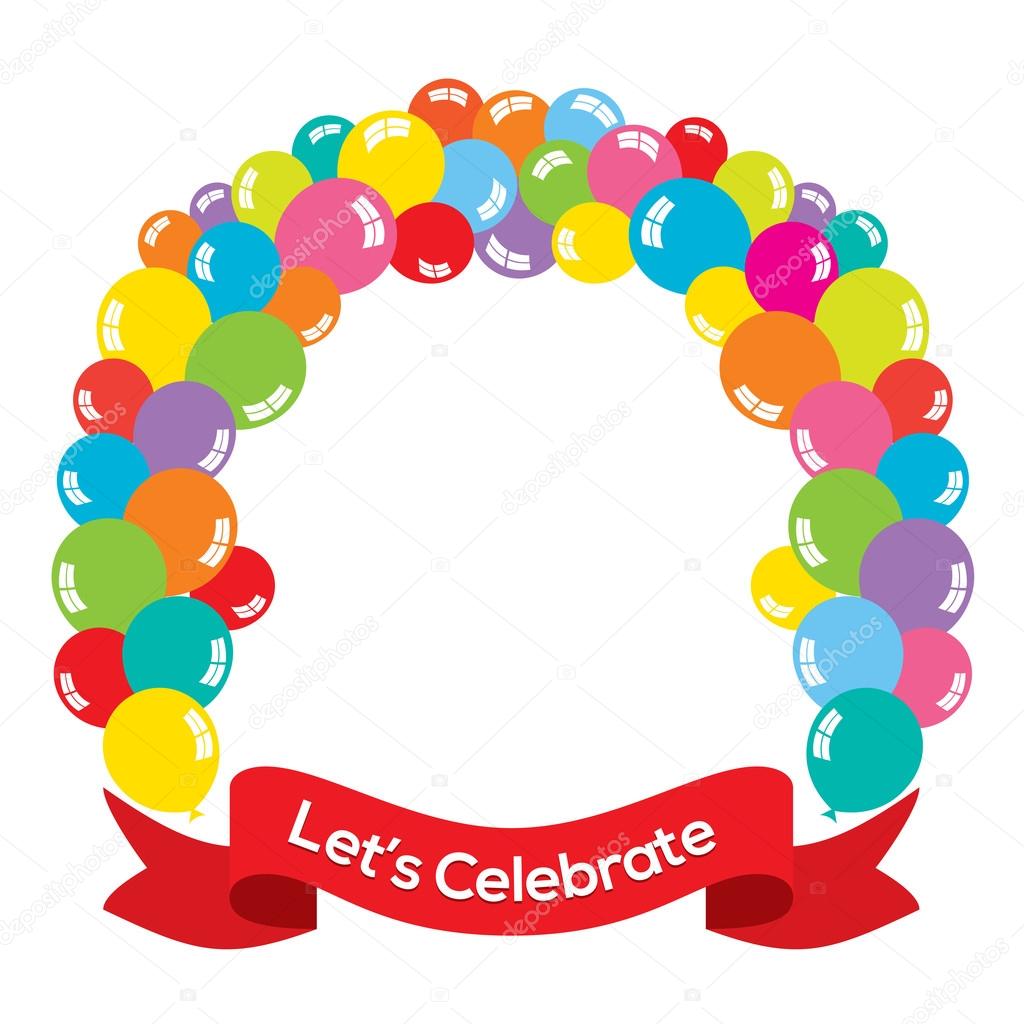 Arco di palloncini colorati con nastro rosso — Vettoriale Stock