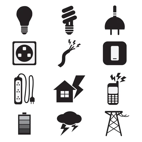 Eletricidade poder preto ícones conjunto — Vetor de Stock