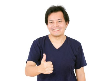 mutlu bir adam başparmak yukarıya üstünde izole beyaz show.