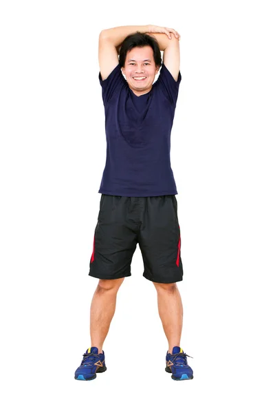Asiatische Mann Stretching Workout isoliert auf weiß. — Stockfoto