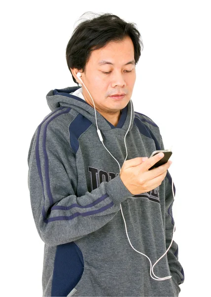 Asian Man Listening Music From Smartphone Isolated on White. — Stock Photo, Image