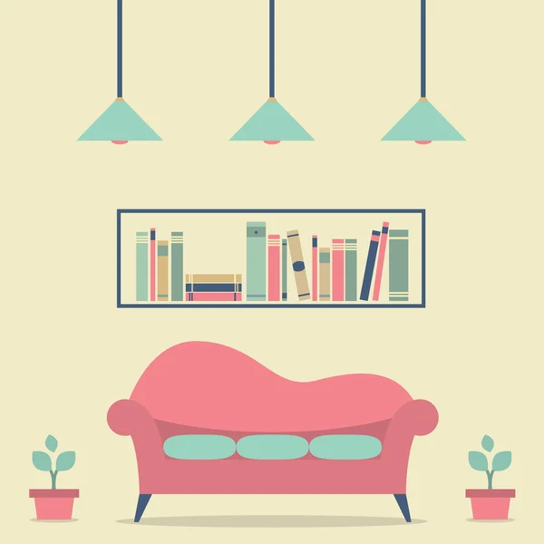 Modern tasarım iç kanepe ve bookshelf — Stok Vektör