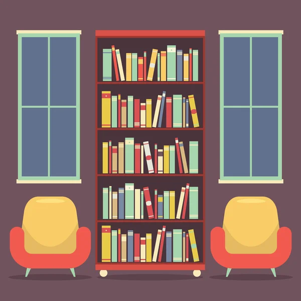 Asientos de lectura de diseño plano e ilustración vectorial de librería — Vector de stock