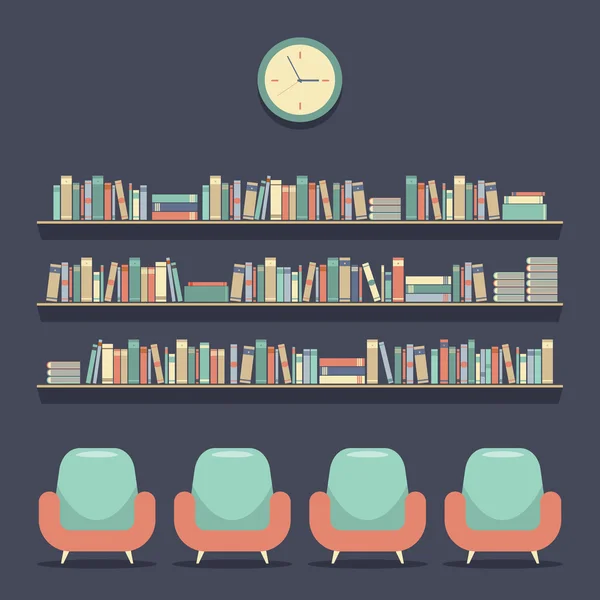 Flat Design Reading Seats and Bookshelves Vector Illustration — Stock Vector